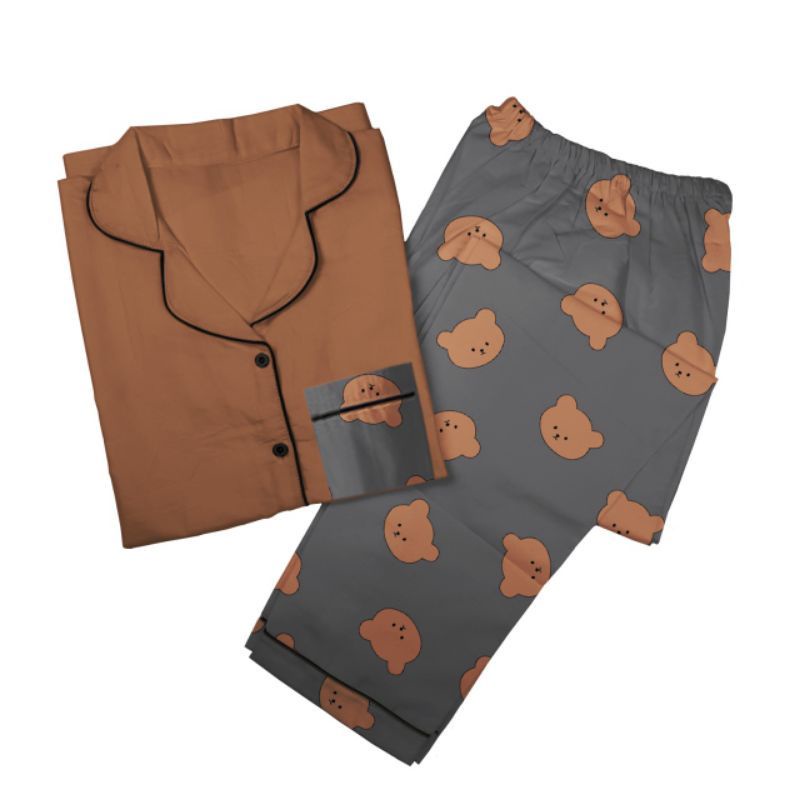 baju tidur piyama dewasa LENGAN PANJANG L muat bb 55 kg setelan piyama baju tidur-Tedy brown ppl