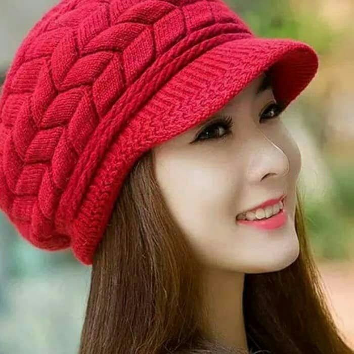 topi distro kupluk wanita rajut korea t winter - Merah K3D4 topi cewek topi cewe topi senam EXCLUSIV