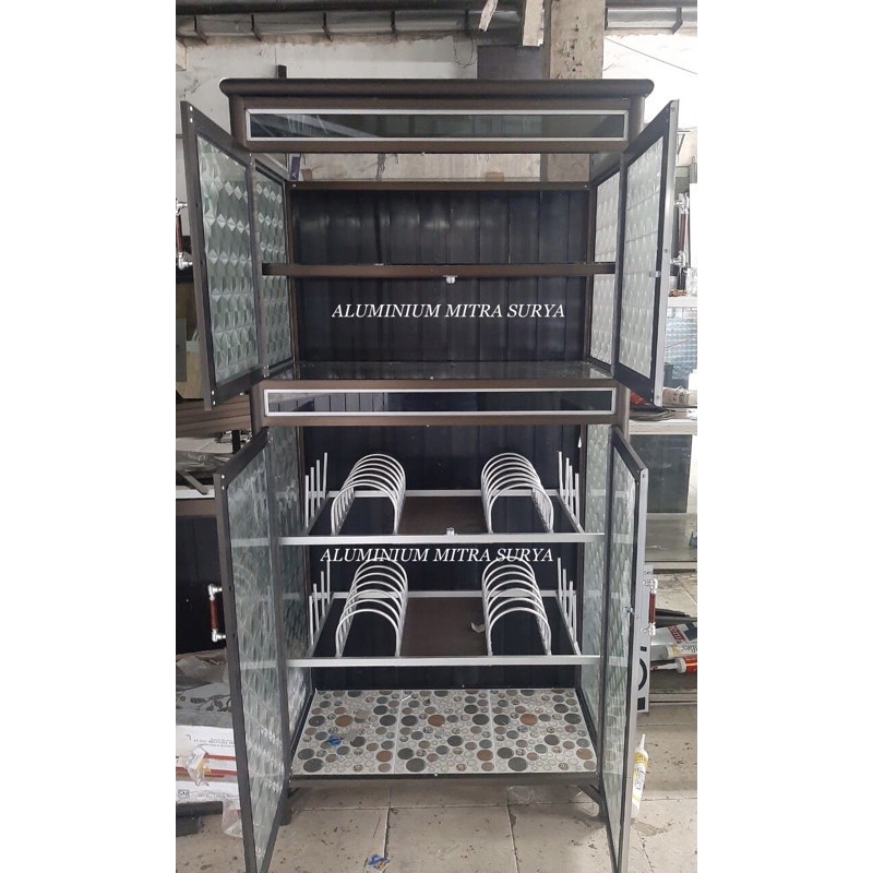 Rak Piring Lemari piring Keramik Aluminium Kaca SUPER TEBAL 2 pintu Coklat Brown
