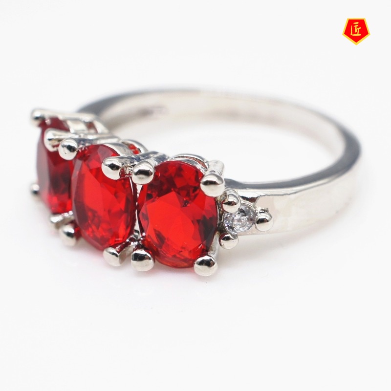 [Ready Stock]Fashion Simple 925 Silver Three Ruby Ring