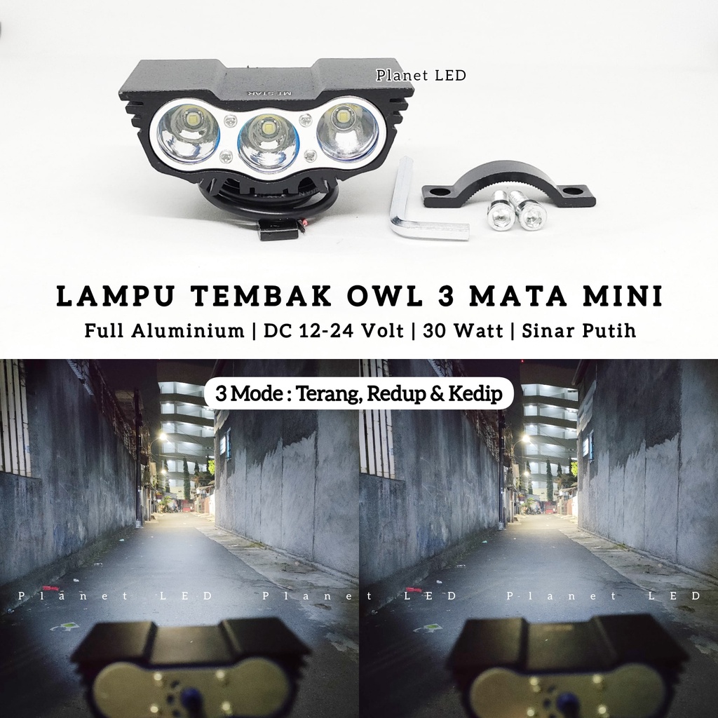 COD Lampu Tembak Sorot OWL Mini 3 Mata PUTIH 3 Mode 30 Watt 12-80Volt Cree Ultrarare Waterproof Plan