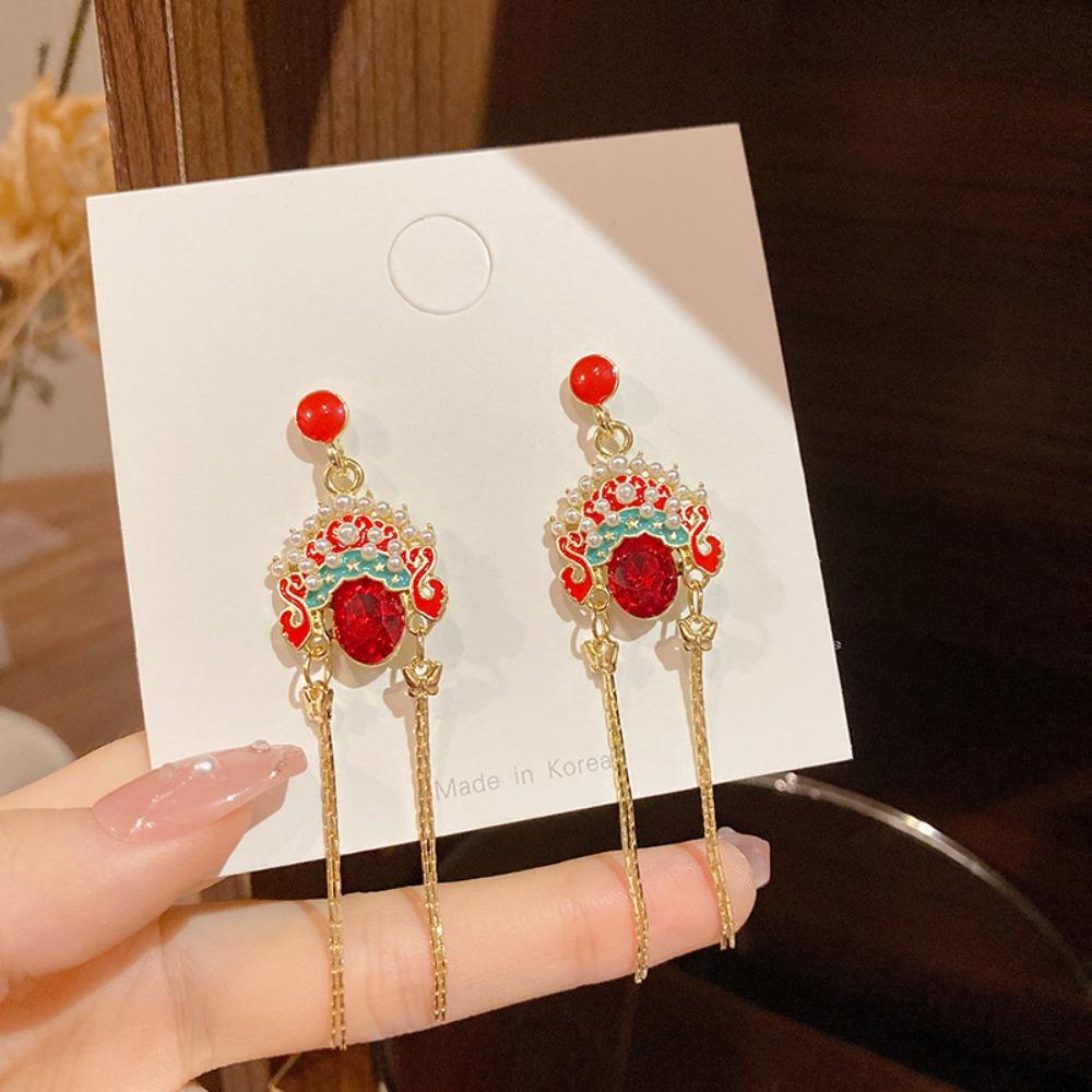 Mxbeauty Anting Tusuk Gantung Rantai Panjang Wanita Hias Mutiara Gaya Beijing Opera China Untuk Hadiah