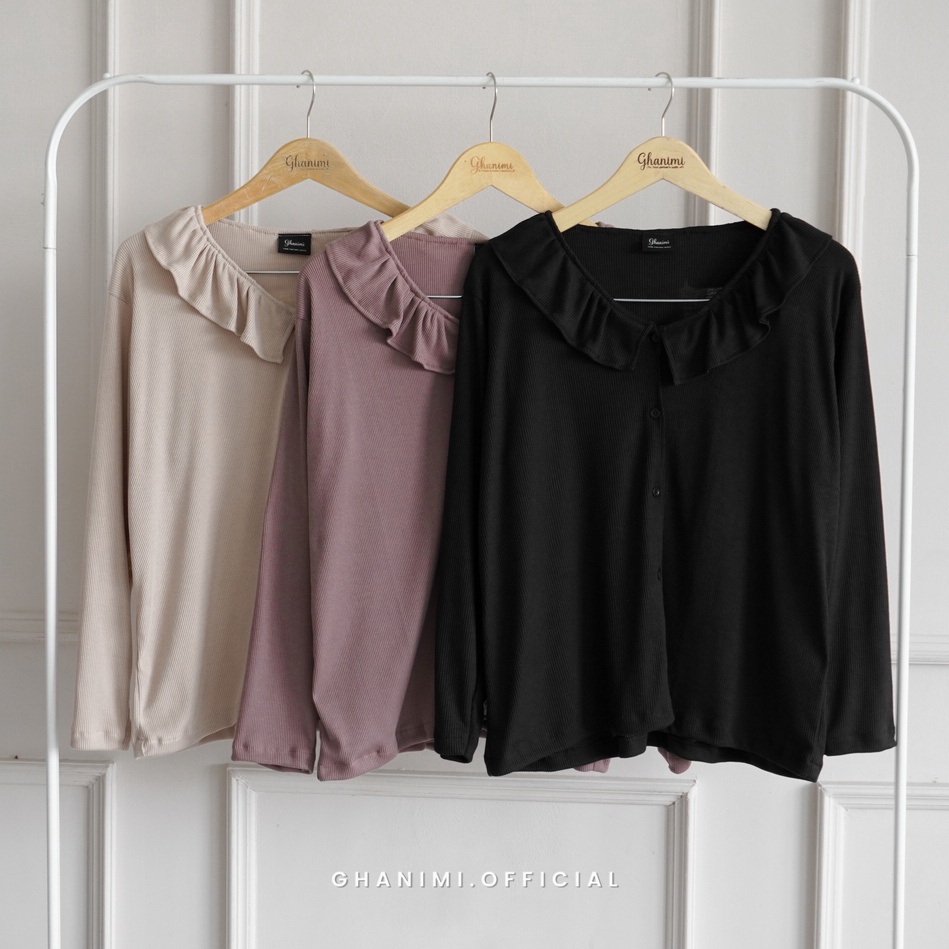 Ghanimi - Syira Cardigan / Outer Rajut Polos kerah ruffle / outer rib knit tebal kekinian / outer korean style / cardigan aesthetic