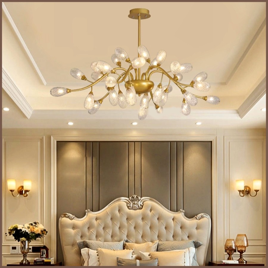 Lampu hias gantung premium cabang MODERN LED kaca oval motif bunga tulip chandelier elegan minimalis