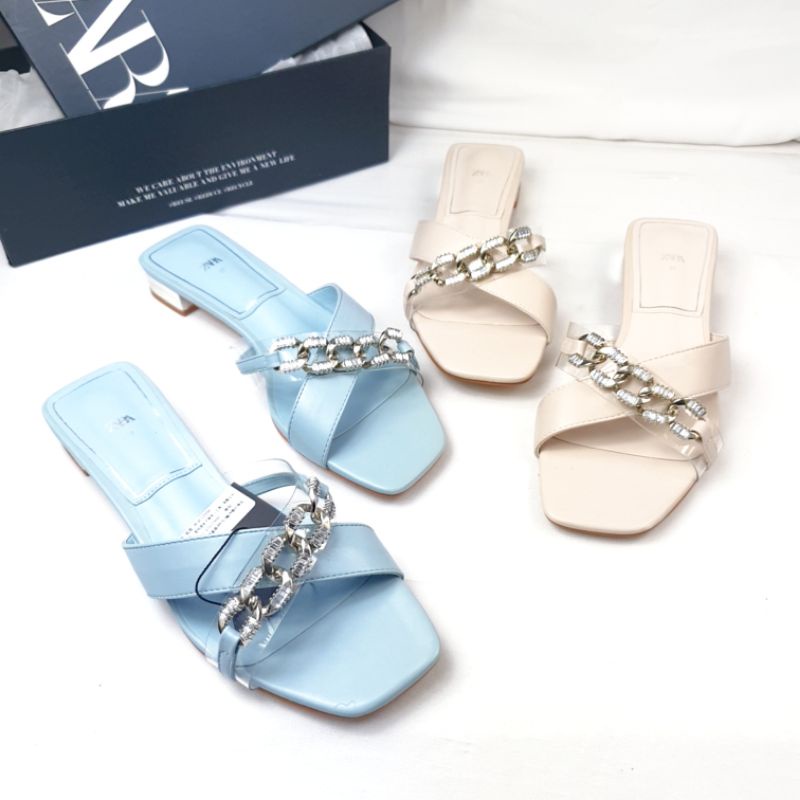 Zara Cross Strap Flat Sandal with Vinyl and Chain