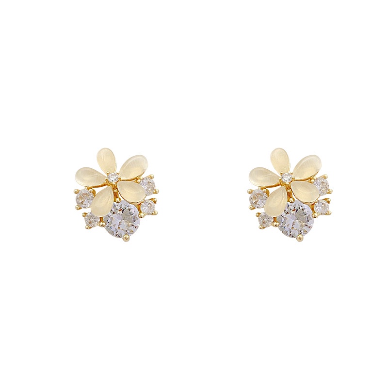 Anting Stud Desain Bunga Opal Bahan S925 silver needle Aksen Zircon