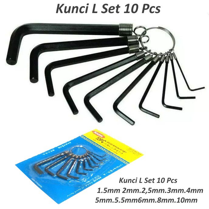 KUNCI L SET Isi 10 Pcs Hex Key Ring 10 in 1 Tools Gantungan Kunci Pendek Mrah Original