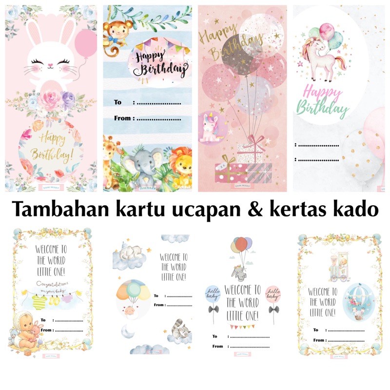 

Tambahan Kertas Kado dan Kartu Ucapan Selamat Ulang Tahun / Welcome Baby