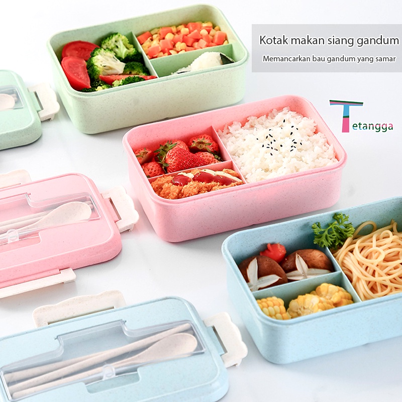 Kotak Makan Bento Lunch Box Set 3 Warna PP Jerami Gandum 1000 ml Kotak Makan Anak 4 IN 1