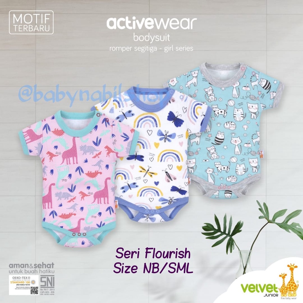 [Size NB/SML] 3pcs - Velvet Junior ActiveWear Bodysuit Romper Segitiga Seri Flourish - Girl