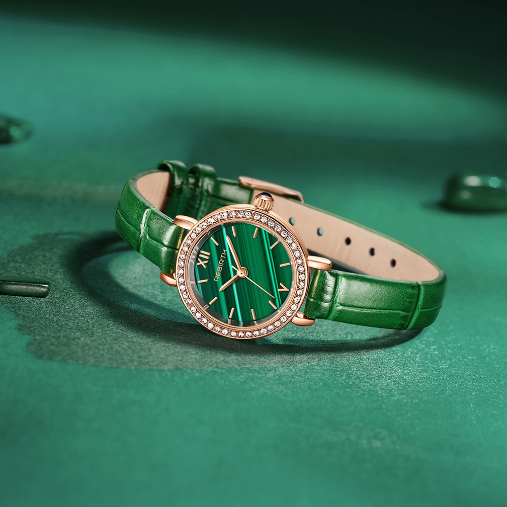 REBIRTH Jam Tangan Wainita Retro Green Dial Tahan Air Kuarsa Tali Kulit Jam Tangan Cewek