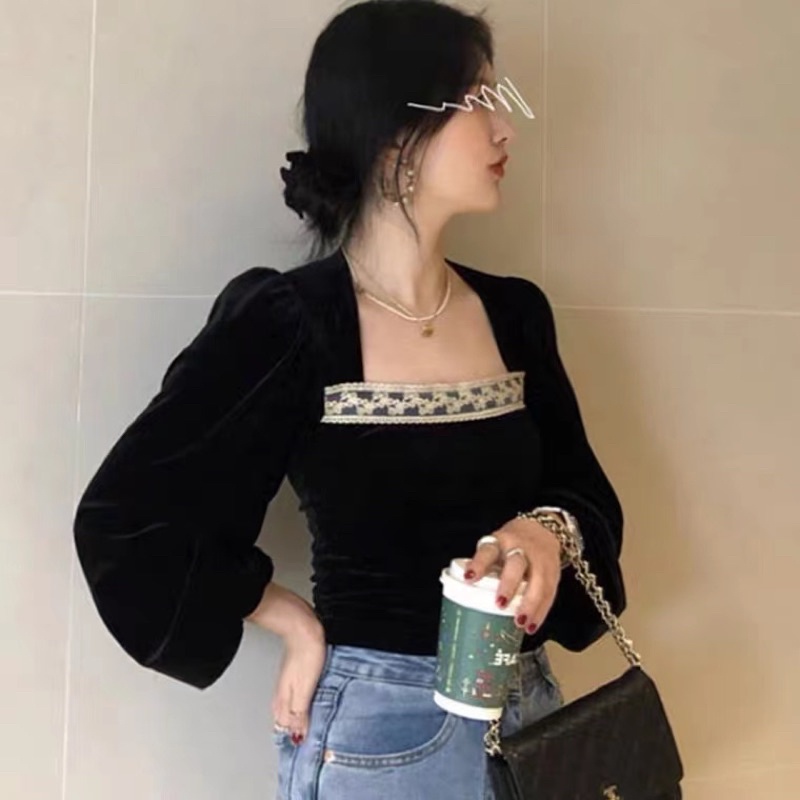 H7 B1378 Korean velvet top variasi brukat leher kotak / Atasan lengan panjang