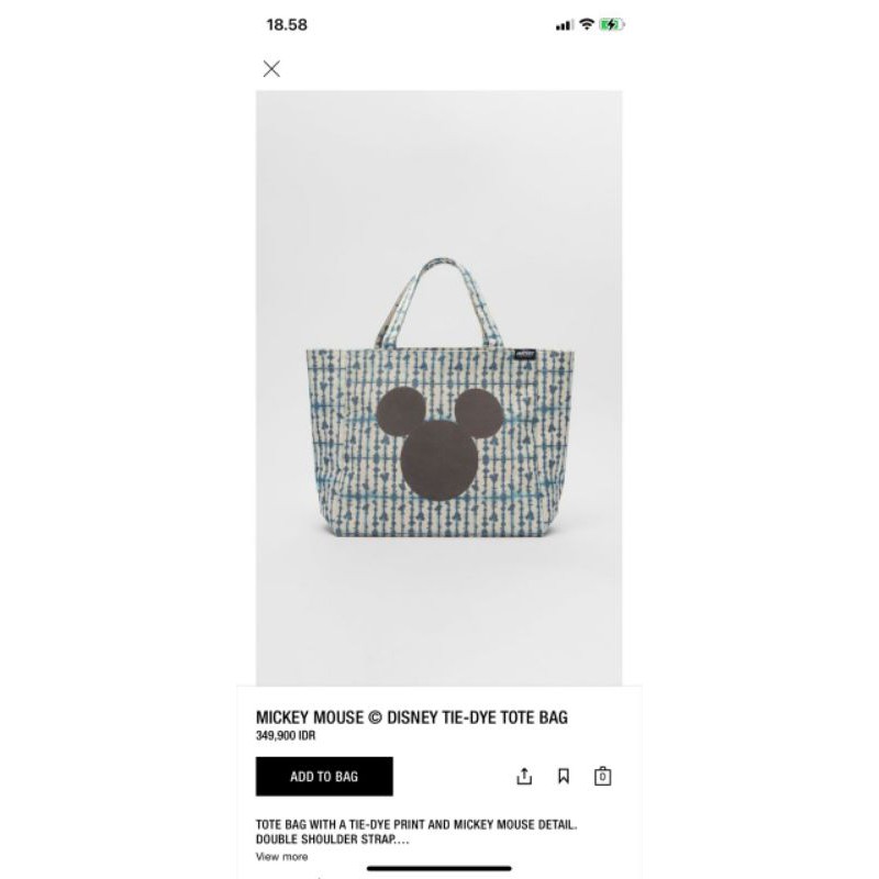 Zara Mickey Mouse Disney Tie Dye Tote Bag Double Strap