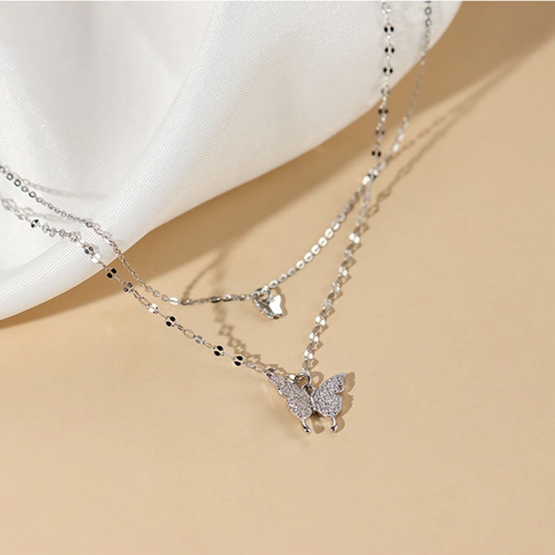 Kalung Choker Rantai Model Double Layer Desain Kupu-Kupu Bahan Zircon Warna Silver Gaya Korea Untuk Wanita