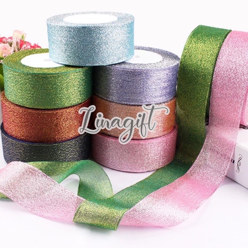 ( Rol 20 Yard ) PITA METALLIC GLITTER 1 IN ( 2.5 CM ) 1 INCH METALIC GLITTER - PITA METALIK GLITER - HIASAN KADO NATAL / PARCEL HAMPERS SOUVENIR MERAH BIRU UNGU HITAM / RED PINK BLUE PURPLE - FANCY SILVER SHINY GLOSSY