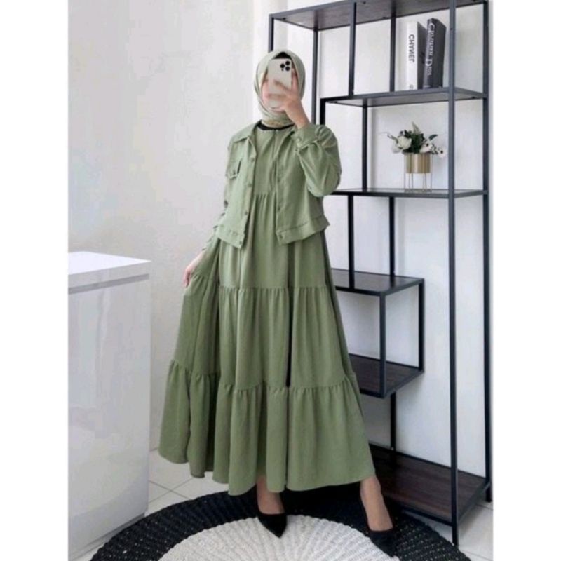[Bisa COD] One Set Wanita Setelan Midi Dress + Vest 2 In 1 Terbaru Crinkle Airflow Ironless Midi Sus