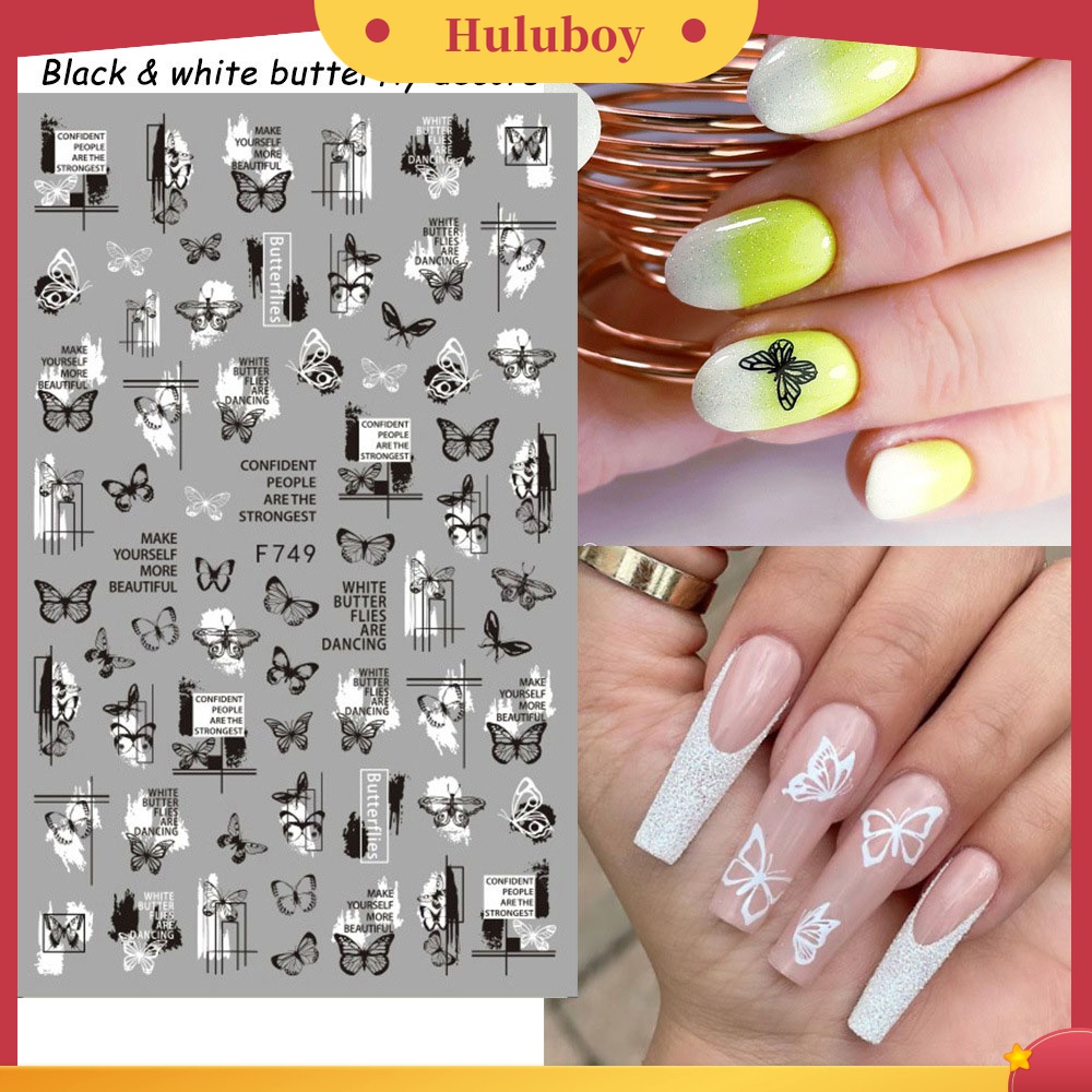 Huluboy Huluboy♡ 2pcs Stiker Kuku 3D Multifungsi Motif Kupu-Kupu Hitam Putih Gaya Punk Retro Untuk Wanita