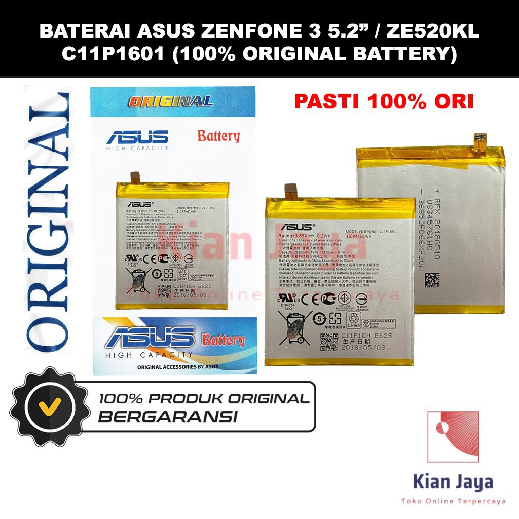 Baterai Original Asus Zenfone 3 5.2 inch ZE520KL ZE501KL A007 Batre Battery Hp C11P1601 100% Ori