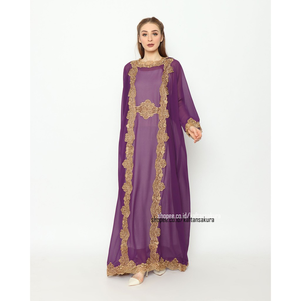kaftan kapucong warna ungu bordir mewah ada hoodie bahan siffon jumbo lebaran 2021