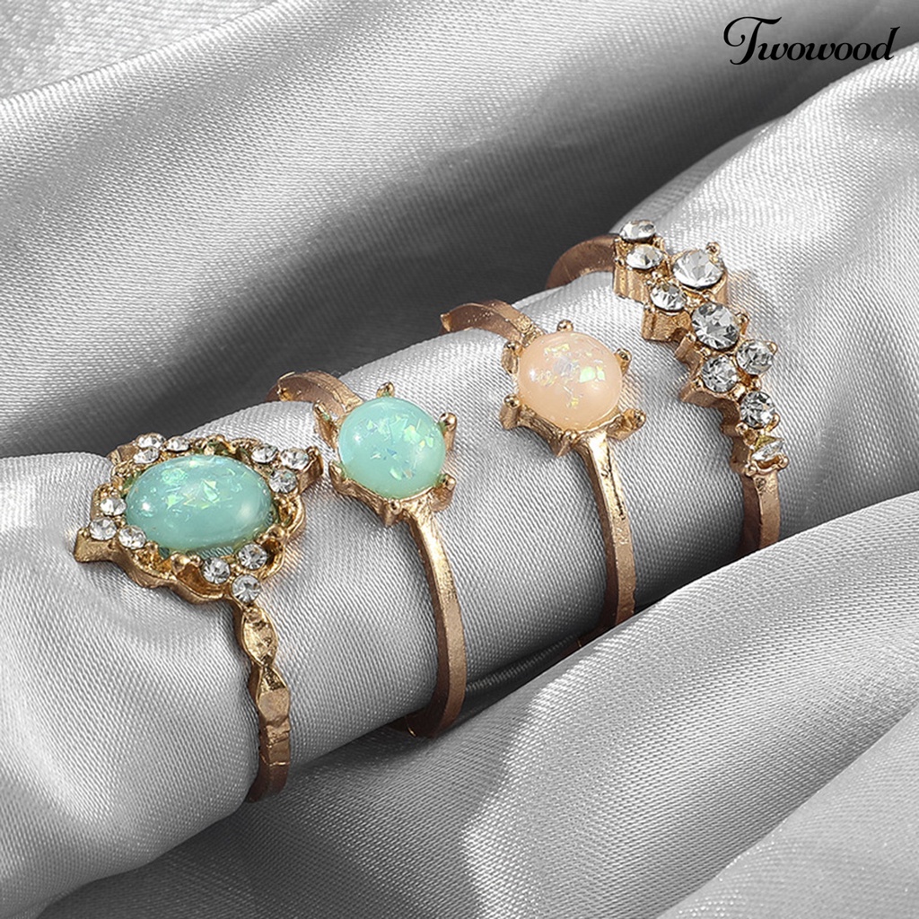 Twowood 4Pcs/Set Faux Gem Geometric Knuckle Rings Alloy Candy Color Stackable Finger Rings Jewelry Accessory