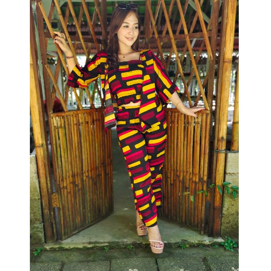 3pcs /set kulot kemben cardigan mix motif garis terbaru premium