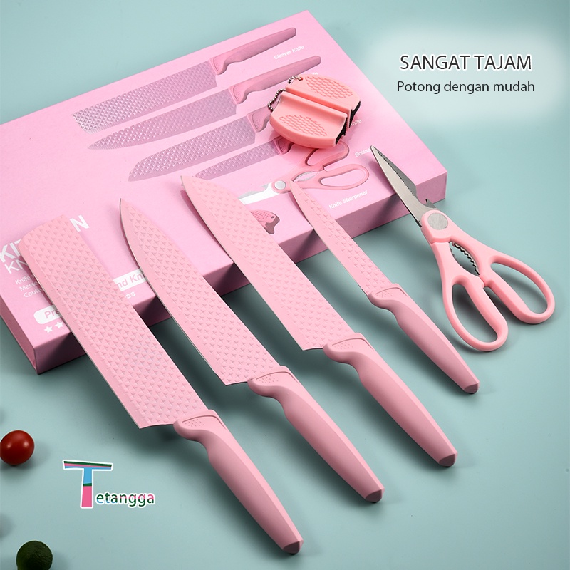 Pisau Berlian Merah Muda 6 IN 1 COOKWARE KITCHEN KNIFE SET DIAMOND NON-STICK COATING VS-1844