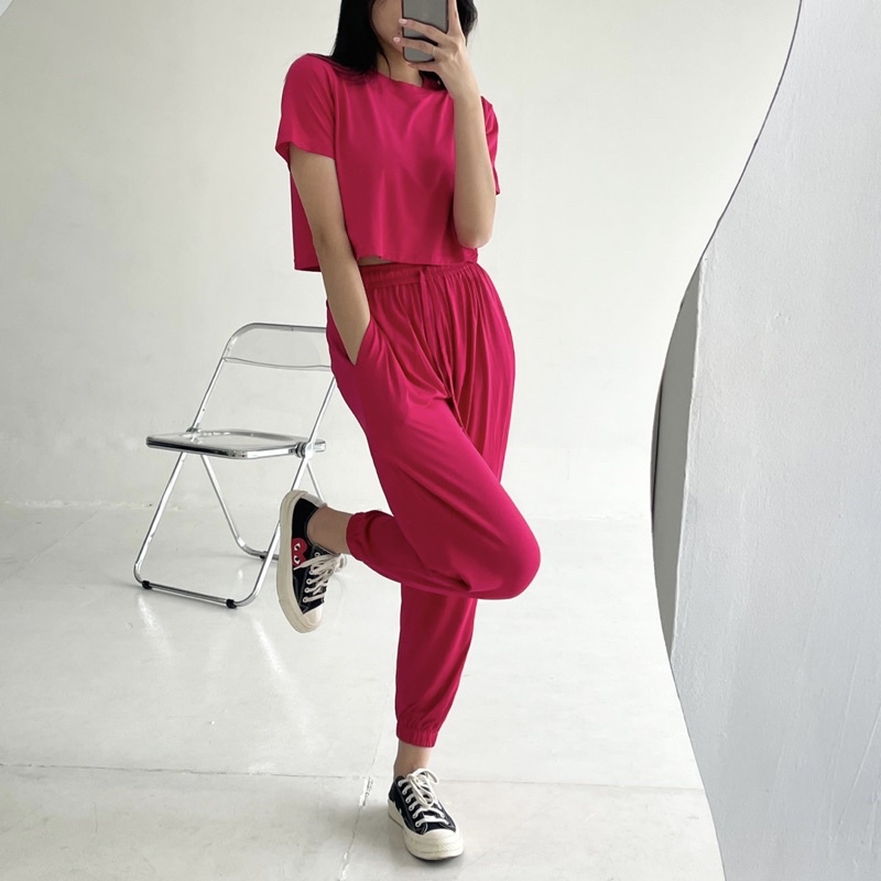 LYON SET | Set Kaos Setelan Wanita Celana Panjang Loungewear Comfy Lounge Celana Panjang Crop Highwaist