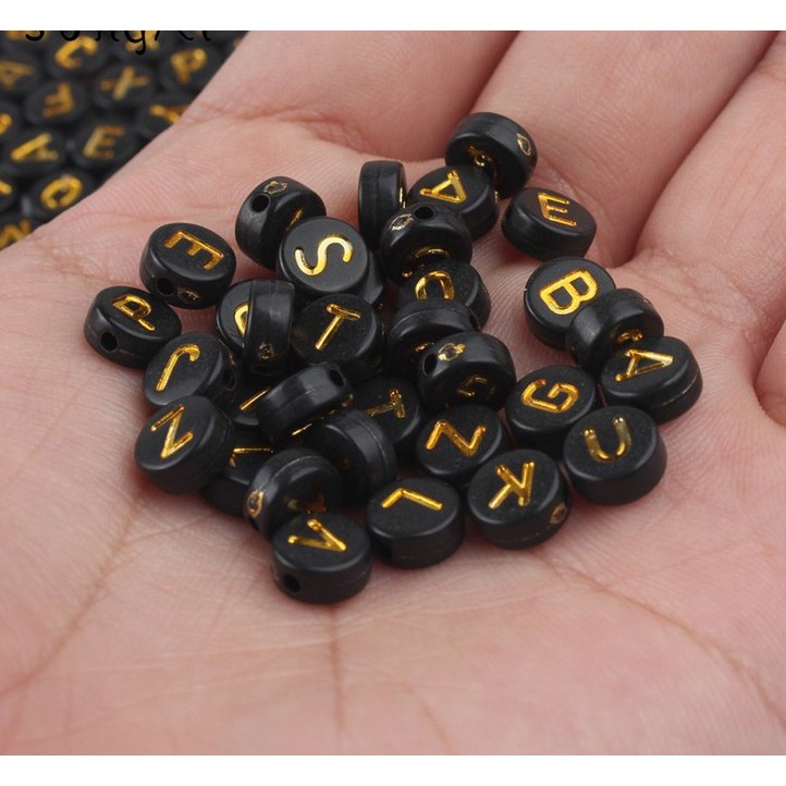 200pcs Manik-Manik Bulat Motif Huruf Bahan Akrilik Ukuran 4x7mm Warna Emas Hitam Untuk Membuat Perhiasan