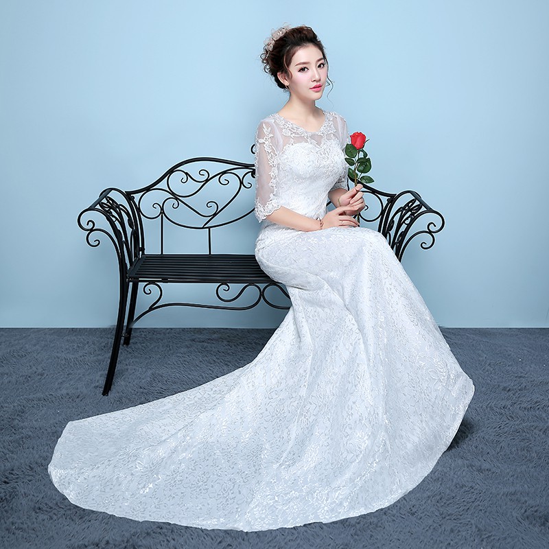 Women Simple White Lace Mermaid Wedding Dress Import Dari China Fishtail Bridal Dress Gaun