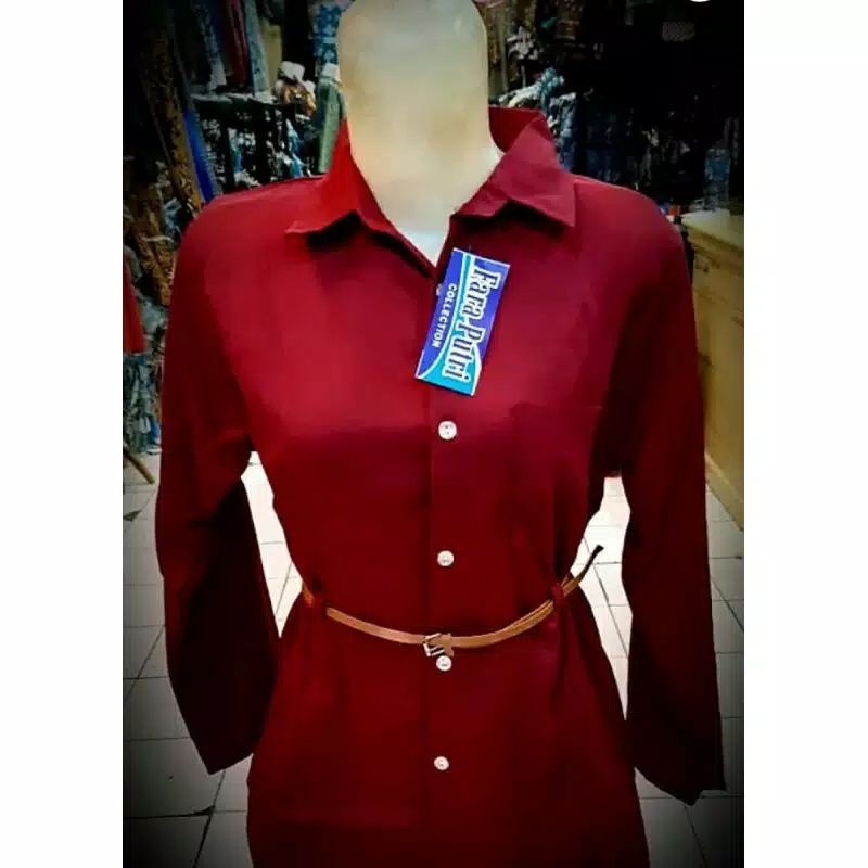 Kemeja Wanita Atasan Blouse Casual Polos Lengan Panjang Kekinian Bahan Moscrep Free belt model Korea-3