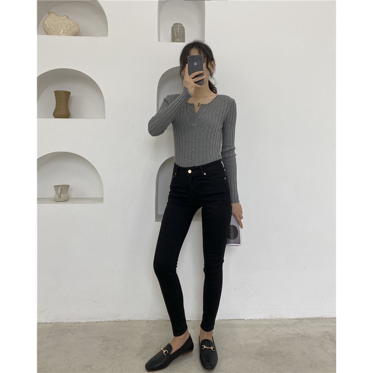 #Sisjuly# Wanita musim semi Perancis licik setengah terbuka dada v-neck slim fit sweater rajutan kem