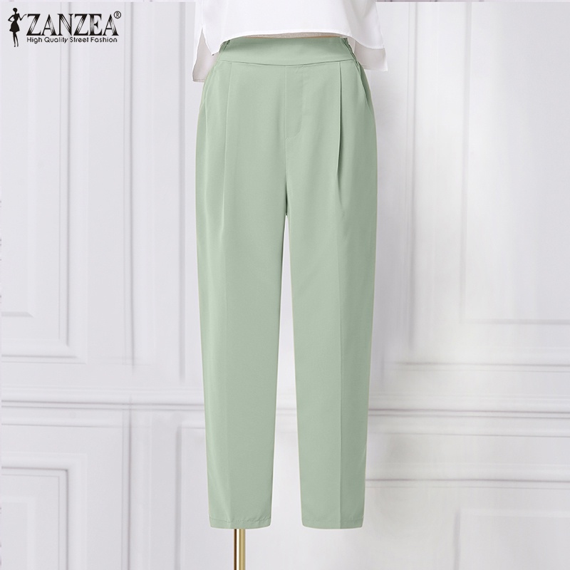 ZANZEA Women Plain Straight Pants Elastic Waist Side Pockets Pants