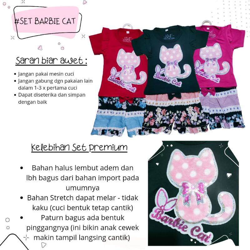 Setelan Anak Perempuan Size 1-5 tahun BARBIE CAT bahan Ducati Katun Spandek Premium