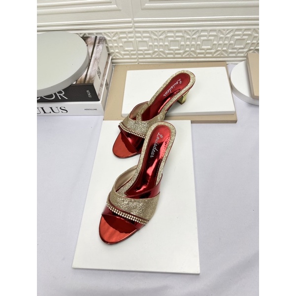 sepatu heel wanita terbaru kekinian pesta LOUISDEAR Sendal heel pengantin H41 heel 5 cm bahan glossy glitter