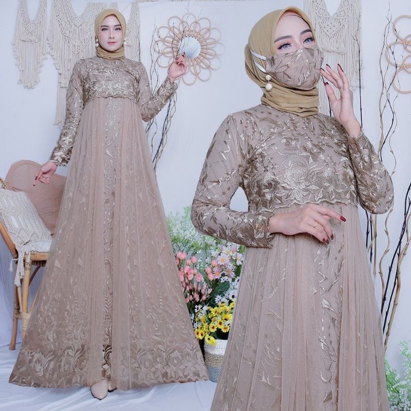 Best Seller - Gamis Alexa Dress Bahan Brukat Premium Mix Tulle Jumbo Size M,L,XL,XXL Free Masker / G