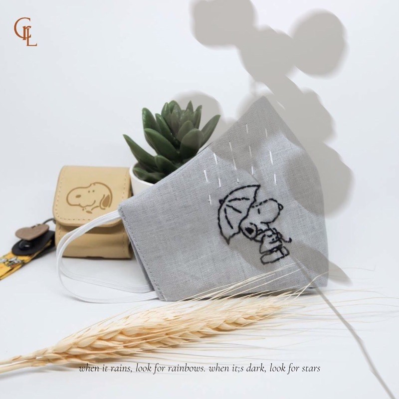 Masker Sulam Snoopy Kain Linen Abu Charalo - Embroidery Mask