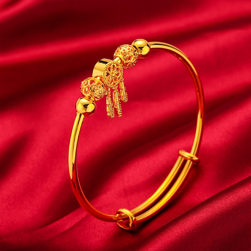 Gelang Manik-Manik Lapis Emas Bahan Kuningan Bentuk Bulu Bunga Gaya Retro Untuk Wanita
