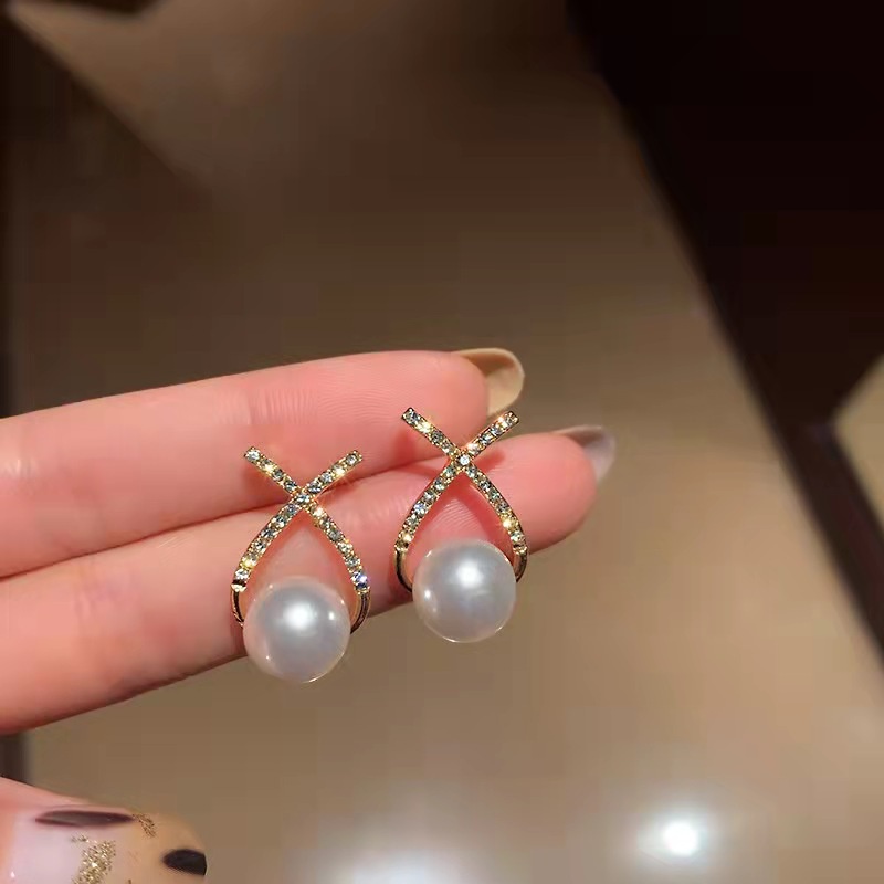 Anting Tusuk Motif Huruf X Hias Mutiara Imitasi Ala Perancis Untuk Wanita ACKER