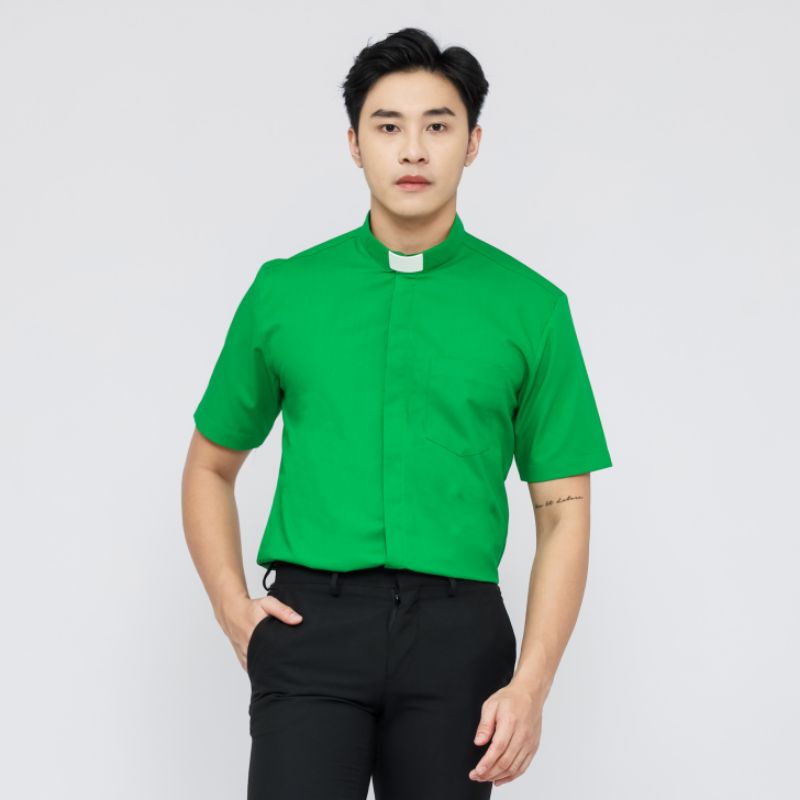 Pendeta - Kemeja Collar Hijau Fuji Polos - Cotton Tropical - Jos Miracle Bandung - Miracle - JMB