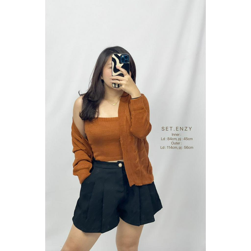 Setelan Atasan Cardigan Tank Top Wanita Bahan Rajut Halus Set Enzy HOPYLOVY