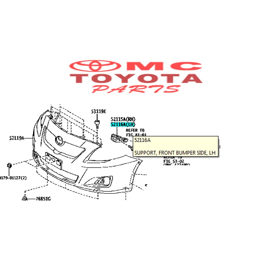 Support Bracket Breket Bumper Depan Kiri Corolla Altis 52116-02220