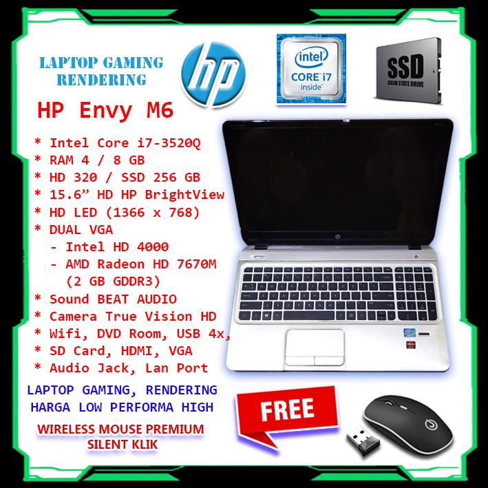 LAPTOP GAMING HP ENVY M6 INTEL CORE I7 SSD 256GB RAM 8GB DUAL VGA HD 4000 - AMD Radeon HD 7670M 2GB