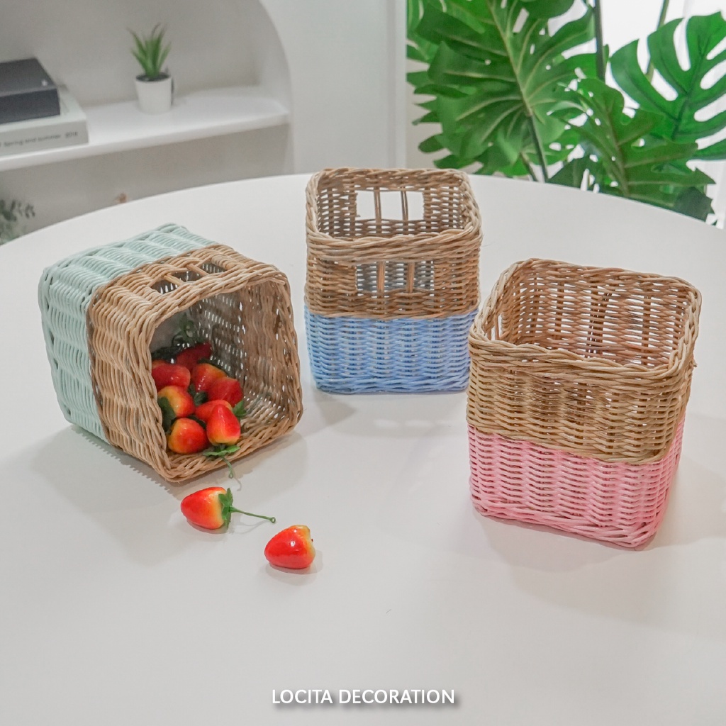 Keranjang Anyaman Rotan Colorful Mini/Tempat Pensil Tanaman Bunga/Dekorasi Foto Prop