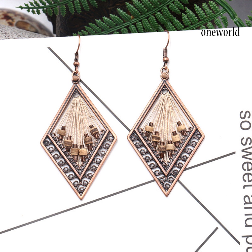 OW@ Bohemian Women Hollow Rhombus Pendant Thread Dangle Drop Hook Earrings Jewelry