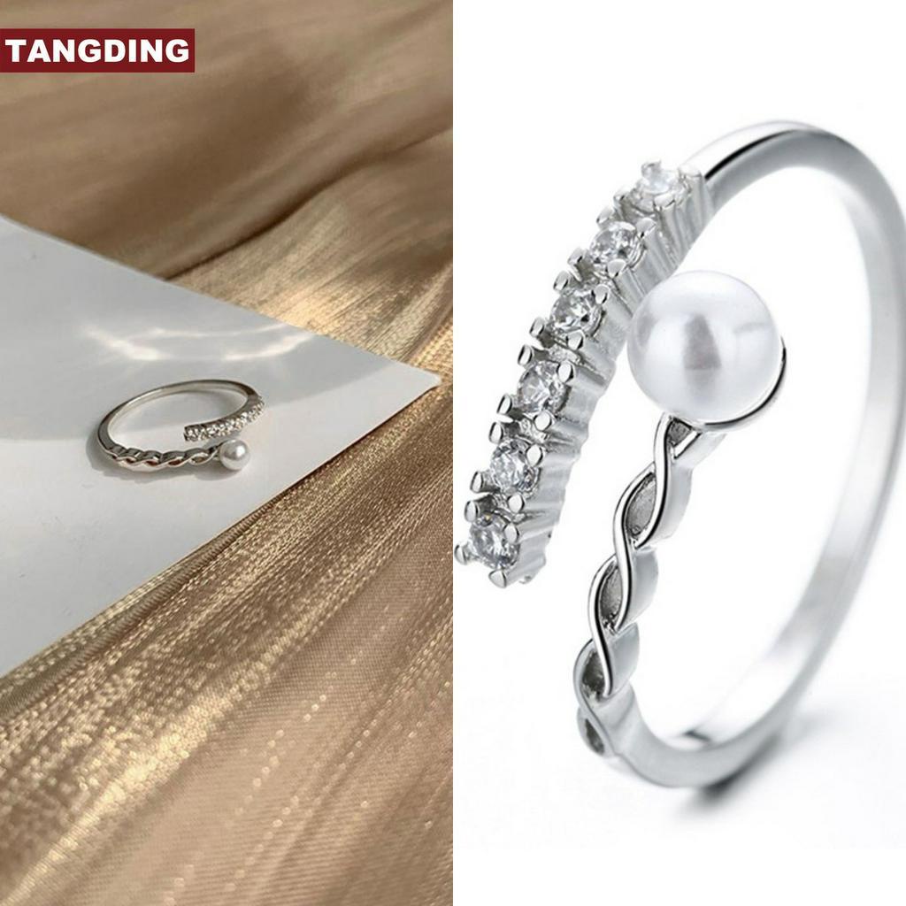 【COD Tangding】Adjustable Trend Fashion Jewelry Gift Simple Pearl  Zircon Opening Twist Ring