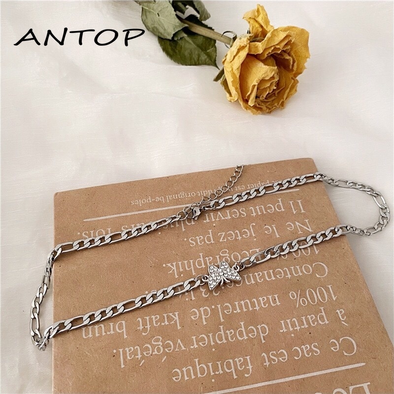 Kalung Choker Rantai Silver Tebal Desain Kupu-Kupu Hias Berlian Gaya Retro Korea Untuk Wanita ANTOP