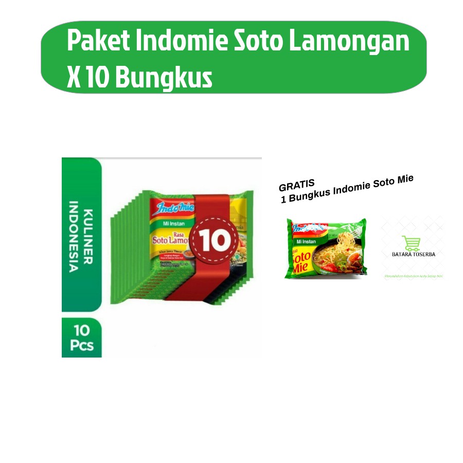 

Paket Indomie Soto Lamongan X 10 dan Indomie Soto Mie X 1 (GRATIS)