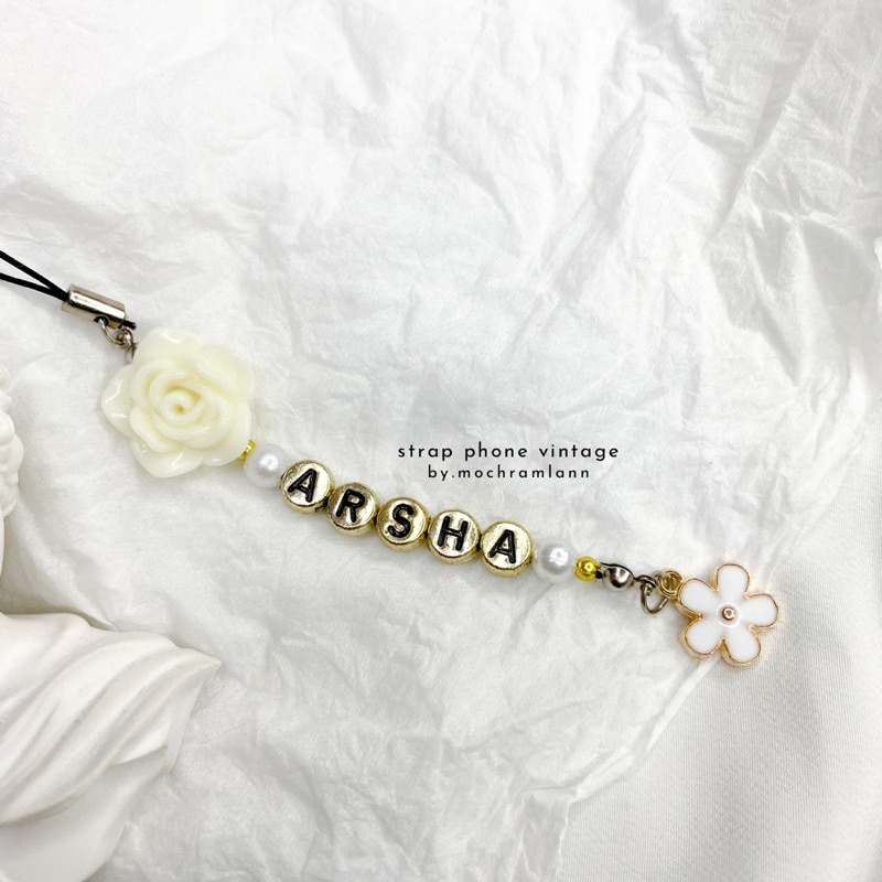 [WNG-02] Strap White and Gold CUSTOM NAMA/ Strap Phone/ gantungan HP/Flashdisk / Gantungan tas