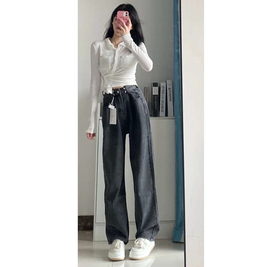 Korean New Women's Loose High Waist Wide Leg pengait celana jeans