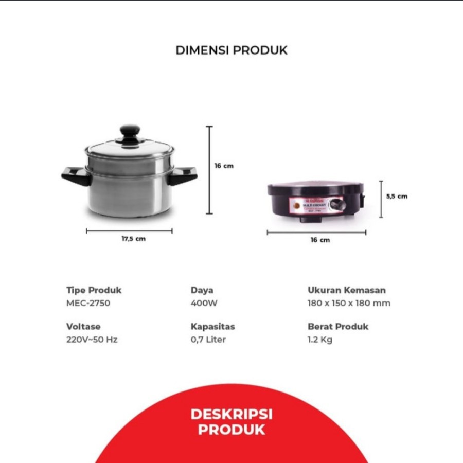 MASPION Panci Serba Guna / Mug Listrik 0,75 Liter / Multi Electrik Cooker 0,75 Liter MEC 2750 - Garansi Resmi 1 Tahun